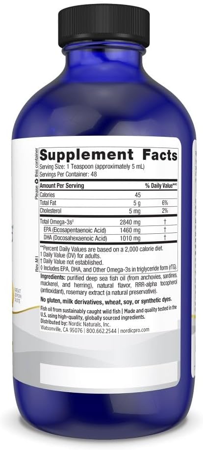 Nordic Naturals ProOmega Liquid Lemon Flavor - 8 oz - 2840 mg Omega-3 - High Potency Fish Oil with EPA &amp DHA - Promotes Brain Eye Heart &amp Immune Health - Non-GMO - 48 Servings