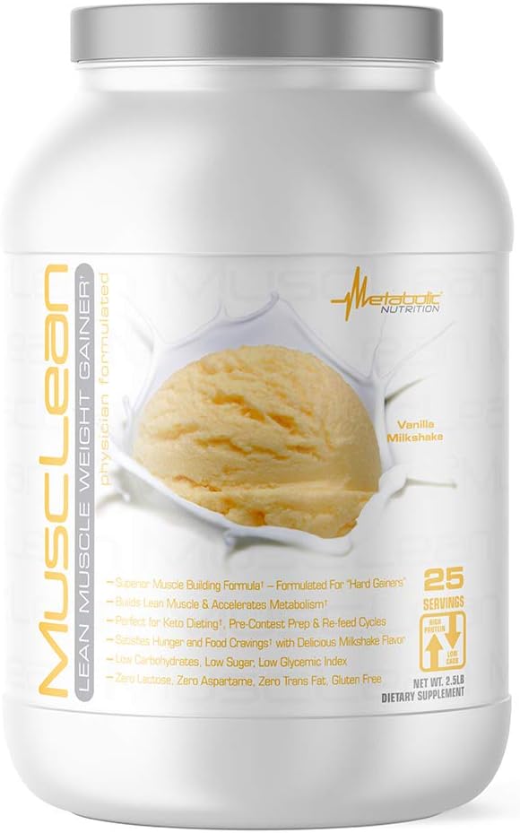 Metabolic Nutrition - Musclean - Milkshake Weight Gainer Whey High Protein Meal Replacement Maintenance Nutrition Low Carb Keto Diet Digestive Enzymes Vanilla 2.5 Pound (25 ser)