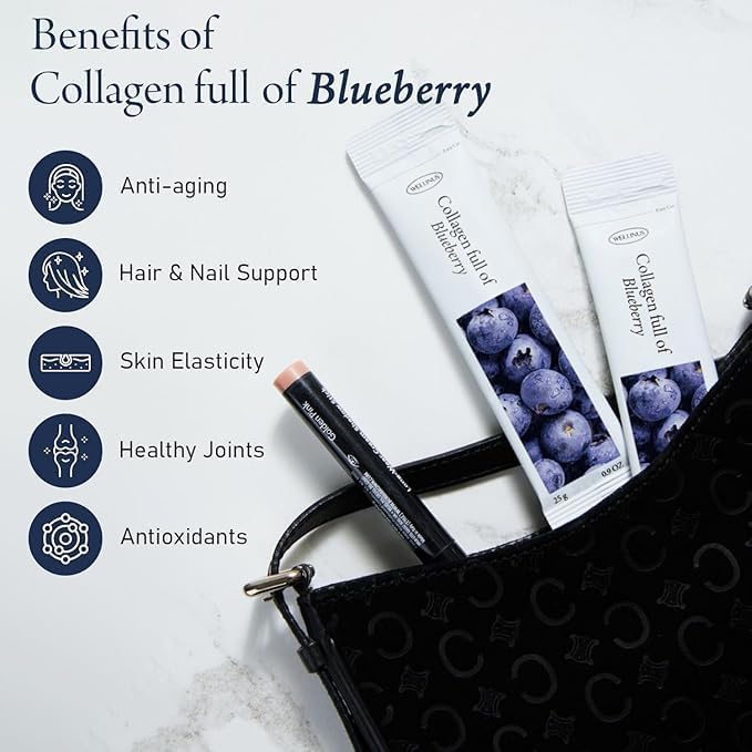 Korean Collagen Jelly Sticks - 25 Blueberry Flavored Marine Collagen Peptide Snacks for Anti-Aging- Collagen Protein Sugar-Free Travel Packs for Hair &amp Nail Strength