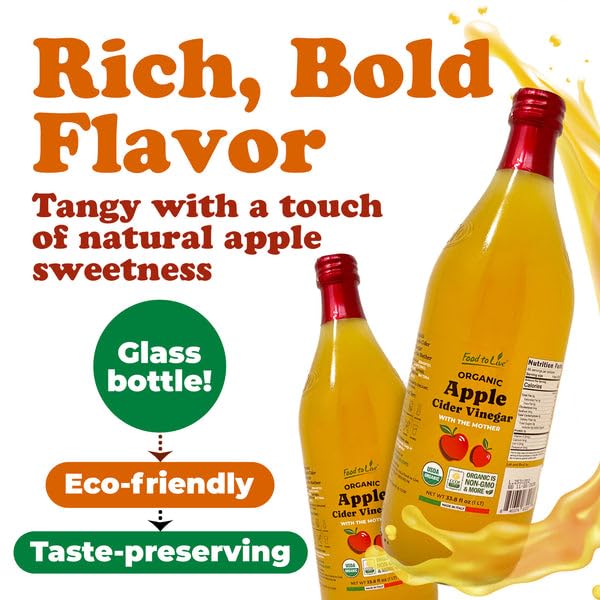 Food To Live Organic Apple Cider Vinegar 1 L – Raw Italian Natural Vinegar with the Mother Unfiltered Unpasteurized Non-GMO Vegan Glass Bottle (Pack of 4)