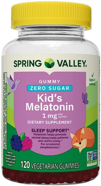 Melatonin for Kids Sleep Support Zero Sugar Spring Valley Dietary Supplement Gummies Raspberry and BlackBerry 1 mg 120 Count + Daily Supplement Tracker Sticker