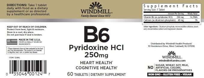 Windmill Vitamin B-6 250 mg Tablets 60 Tablets (Pack of 3)