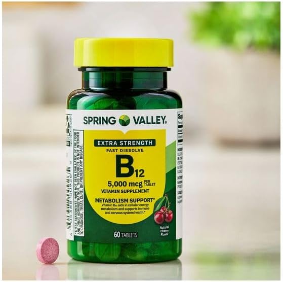 H4U Spring Valley Extra Strength Vitamin B12 Cherry 5000 mcg 60 Count Supplement Fast Dissolve Tablets for Metabolism Support