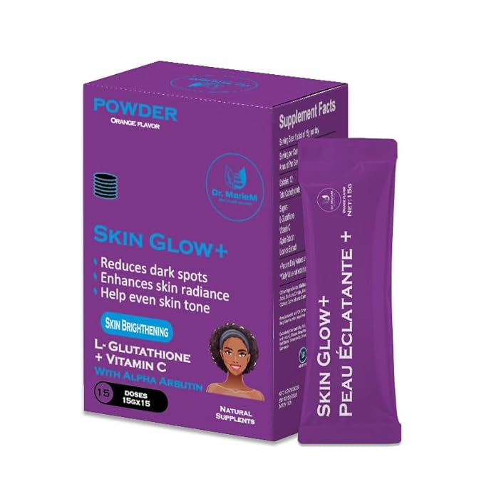 Skin Glow+ Brightening Powder - Supplement – 1000mg L-Glutathione + 500mg Vitamin C with 200mg Alpha Arbutin – Reduces Dark Spots Evens Skin Tone – Orange Flavor – 15g/stick