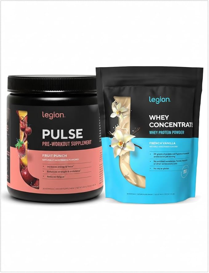 LEGION Muscle &amp Energy Stack – Whey Protein Powder (Vanilla 30 Servings) + Pulse Pre Workout (Fruit Punch) – Clean Protein &amp Natural Energy for Strength Muscle Growth &amp Recovery
