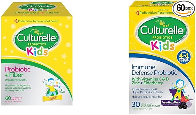 Culturelle Kids Probiotic + Fiber Packets (Ages 3+) - 60 Count - Digestive Health &amp Immune Support - Helps Restore Regularity &amp Immune Defense Probiotic with Vitamin C