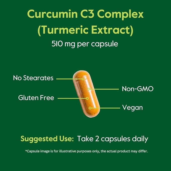 BESTVITE Curcumin 510mg (Turmeric)(120 Vegetarian Capsules) with Curcumin C3 Complex &amp Bioperine - Standardized to 95% Curcuminoids - No Stearates - Vegan - Non GMO - Gluten Free