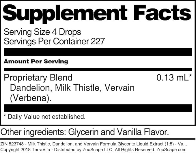 Terravita Milk Thistle Dandelion and Vervain Formula Glycerite Liquid Extract (1:5) - Vanilla Flavored (1 oz ZIN: 523748)