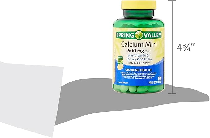 Spring Valley Calcium Plus Vitamin D3 150 Mini Softgels | Calcium Supplement | softgels | Calcium 600 mg with Vitamin d3 | Calcium Carbonate 600 mg 150 Mini Softgels + DRI Sticker