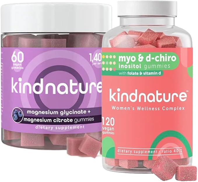 kindnature Dual-Pack: Myo-Inositol &amp D-Chiro Gummies for Women’s Health &amp High Absorption Magnesium Gummies for Calm &amp Sleep