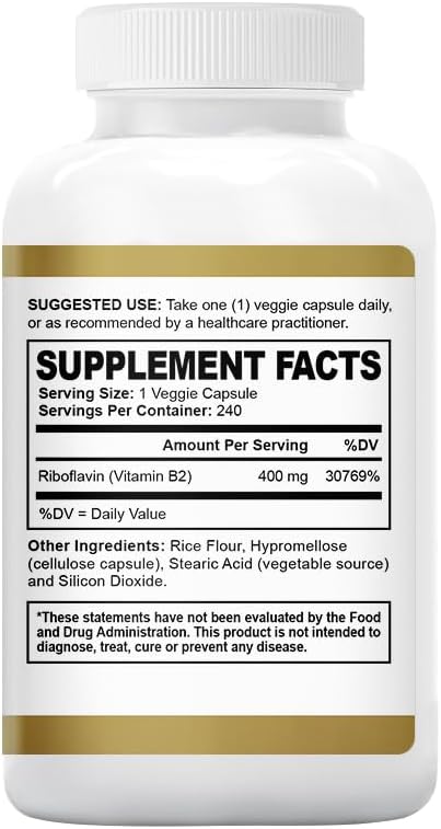 Riboflavin Vitamin B2 Supplement - B-2 Vitamin - Boosts Energy Metabolism &amp Cellular Function - Daily Nutritional Supplements for Men &amp Women - 400 mg Capsules - 240 Count