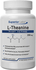 Superior Labs L-Theanine 250 mg Capsules Non-GMO Promotes Non Drowsy Relaxation &amp Helps Ease Everyday Stress Supports Healthy Sleep Promotes a Focused Mind High Absorption 90 Veg Caps