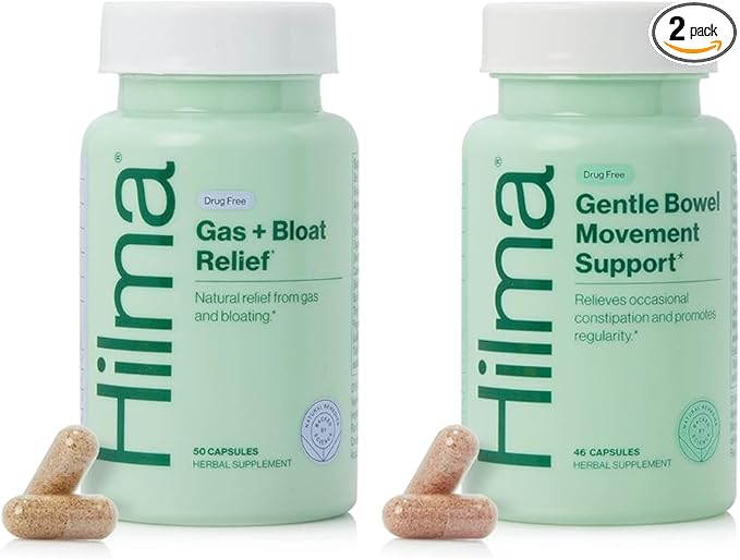 Hilma Daily Movement Duo for Constipation &amp Bloating Relief for Women Gas Plus Bloat Relief (50 Vegan Capsules) w/Lemon &amp Peppermint Gentle Bowel Movement (46 Vegan Capsules) w/Magnesium &am