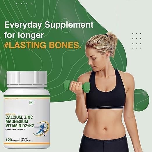 Calcium Magnesium Zinc Vitamin D K2 Folic Acid &amp B12 Vegetarian Tablets Bone &amp Joint Support Supplement | Calcium Supplement for Women Men - 120 Tablets (Pack of 1)