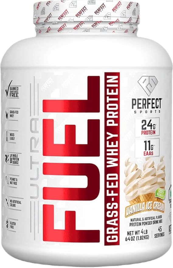 PERFECT SPORTS Ultra Fuel 100% Grass-Fed Wey Protein | No Artificial Colors Gluten Free Keto | Low Sugar | 11g EAAs 2g Carbs 24g Protein | 4 Pounds (Vanilla Ice Cream)