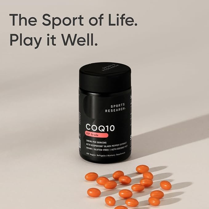 Sports Research CoQ10 (100mg) Enhanced w/Coconut Oil &amp Bioperine (Black Pepper) for Better Absorption | Vegan Certified Non-GMO Verified (120 Veggie Softgels)