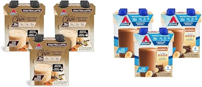 Atkins Chai Tea Latte and Chocolate Banana Protein Shakes Bundle 15g Protein Low Glycemic 3-4g Net Carbs 1-2g Sugar