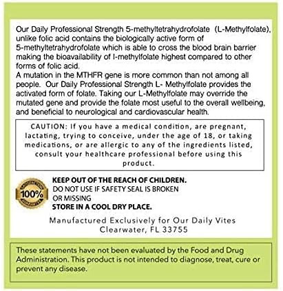 Our Daily Vites L-Methylfolate 15mg/15000mcg – Active 5-MTHF Folate Supplement – High Potency Methyl Folate – Supports Energy &amp Overall Wellness – Vegan Non-GMO Capsules – 90 Servings