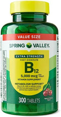 Vitamin B12 Supplement Extra Strength 5000 mcg 300 Count Cherry Fast Dissolve Tablets for Metabolism Support + Daily Supplement Tracker Sticker