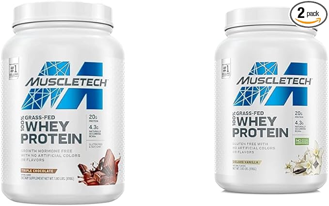 MuscleTech Grass Fed Whey Protein Powder Triple Chocolate &amp Deluxe Vanilla 1.8 lbs Each