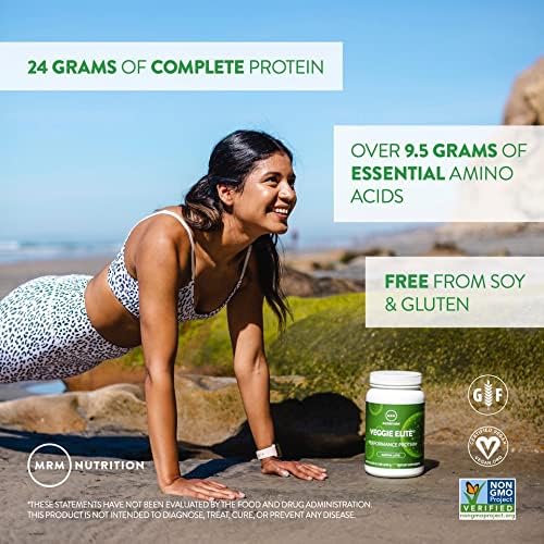 MRM Veggie Elite Performance Protein - Vanilla Bean Plant-Based Powder 24g Protein per Serving with BCAAs &amp Digestive Enzymes Clinically Tested - Vegan Gluten-Free - 30 Servings
