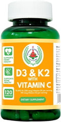 Vitamin D3 10000 IU &amp Vitamin K2 100 mcg with Vitamin C - 120 Capsules - Heart &amp Bone Support Capsule Supplemet - Non-GMO &amp Gluten Free Made in USA