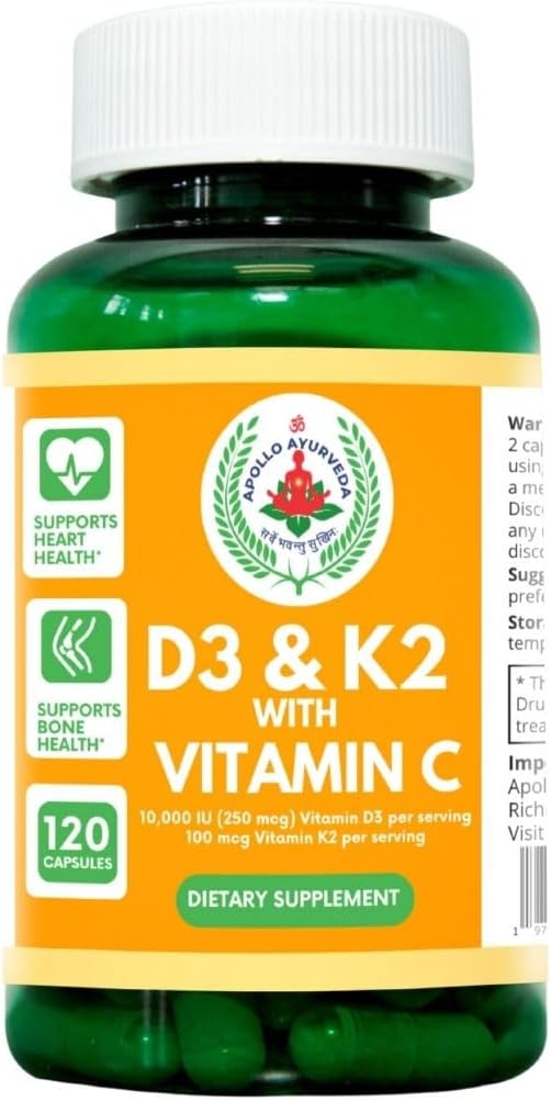 Vitamin D3 10000 IU &amp Vitamin K2 100 mcg with Vitamin C - 120 Capsules - Heart &amp Bone Support Capsule Supplemet - Non-GMO &amp Gluten Free Made in USA