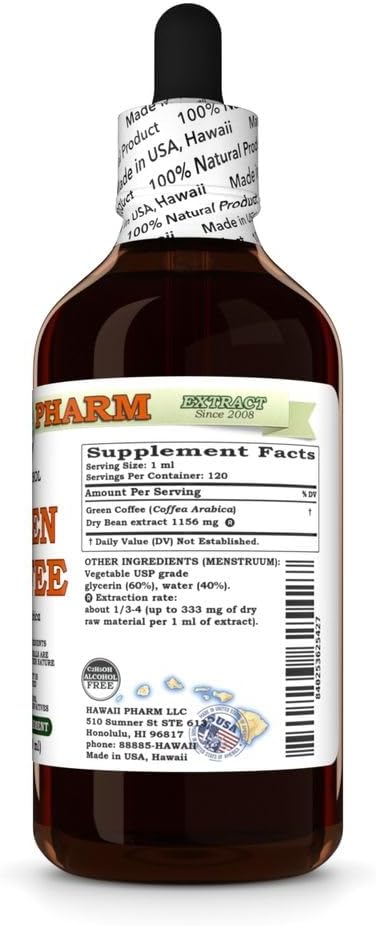 Green Coffee (Coffea Arabica) Dry Bean Glycerite Made in Hawaii All Natural Vegan Lab Tested Alcohol-Free Liquid Extract - 4 fl.oz