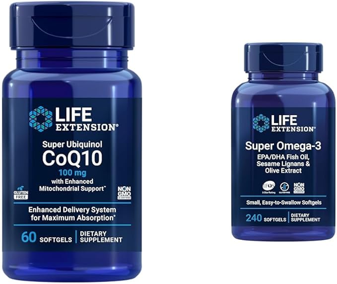 Life Extension Super Ubiquinol CoQ10 with Enhanced Mitochondrial Support ubiquinol CoQ10 &amp Super Omega-3 EPA/DHA Fish Oil Sesame Lignans &amp Olive Extract - Omega 3 Supplement