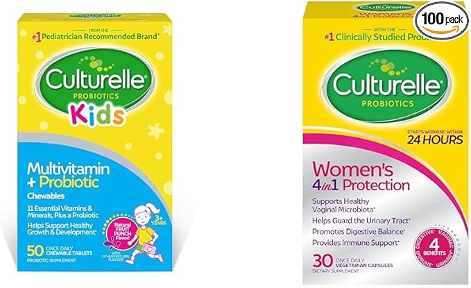 Culturelle Kids Complete Chewable Multivitamin + Probiotic for Kids Ages 3+ 50 Count &amp Women’s 4-in-1 Daily Probiotic Supplements for Women - Supports Vaginal Health