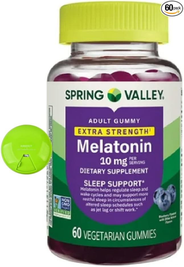 Spring Valley Extra Strength Melatonin 10mg - Blueberry Gummies - 60 Vegetarian Gummies - Sleep Support with SUREFECT Organizer.