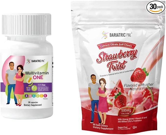 BariatricPal 30-Day Bariatric Vitamin Bundle (Multivitamin ONE 1 per Day! Iron-Free Capsule and Calcium Citrate Soft Chews 500mg with Probiotics - Strawberry Twist)