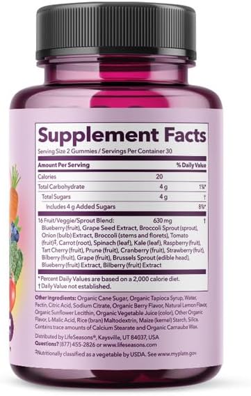 LifeSeasons Fruit &amp Veggie Gummy Supplement - 16 Fruits Vegetables &amp Sprouts - Vitamins Minerals &amp Antioxidants - Nutritional Support for Immunity &amp Wellness - 3X More Potent - 60 Gumm