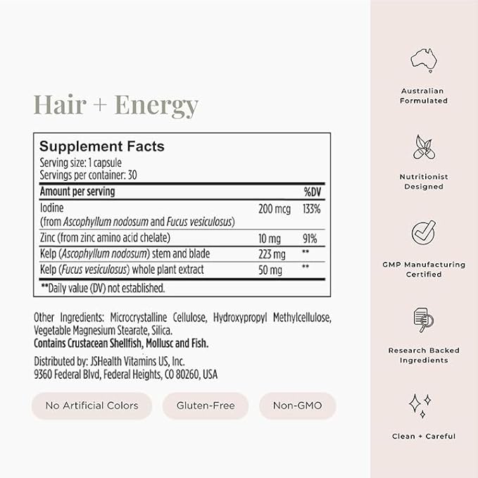 JSHealth Hair Growth Vitamins for Women. Hair + Energy with Kelp Iodine and Zinc. Supports Thickness Strength Energy. Nutritionist-Formulated (30 Capsules)