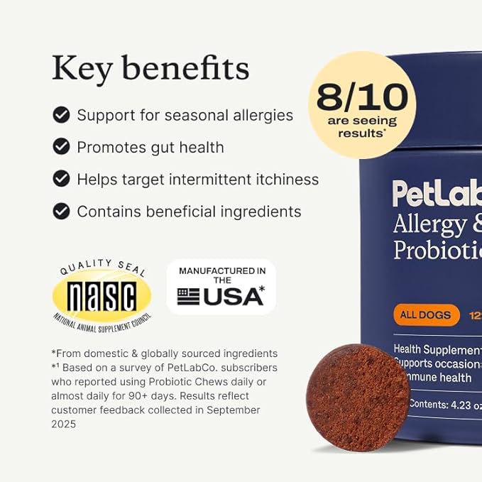 PetLab Co. Allergy &amp Immune Probiotics for Dogs Support Seasonal Allergies Gut &amp Digestive Health - Pork Flavor - 30 Soft Chews - Packaging May Vary