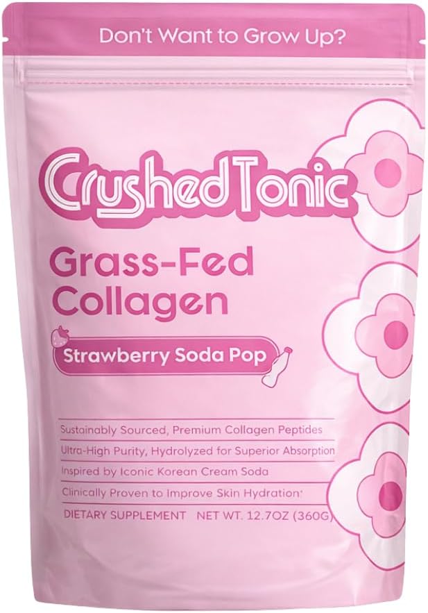 Crushed Tonic Korean Beauty Collagen Powder | Hydrolyzed Bovine Collagen Peptides for Skin Hair &amp Nails | K-Beauty Drink | Gluten-Free Halal &amp Kosher (Strawberry Soda 30 Servings (150 g) P