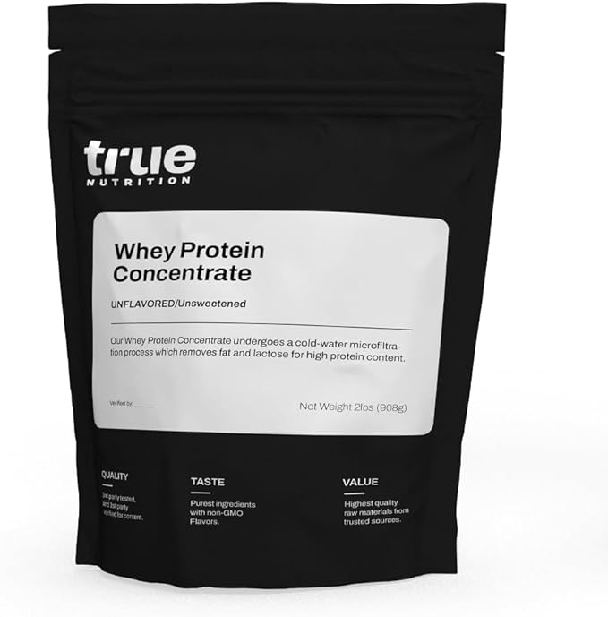 True Nutrition Whey Protein Concentrate Powder - 24g Complete Whey Protein per Serving - High Leucine Full Amino Acid Profile - Unflavored &amp Unsweetened - Gluten Free Soy Free Vegetarian - 2lb