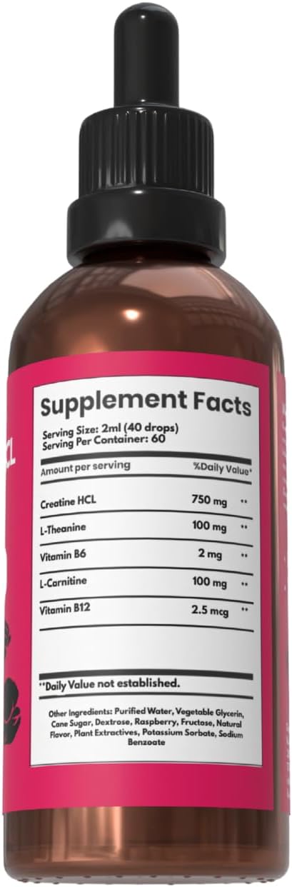 Creatine HCL Liquid Drops for Men &amp Women - 2ml Per Serving L-Theanine Vitamin B12 &amp B6 L-Carnitine - High Absorption 4 Fl Oz (120ml) (4 FL OZ Raspberry)