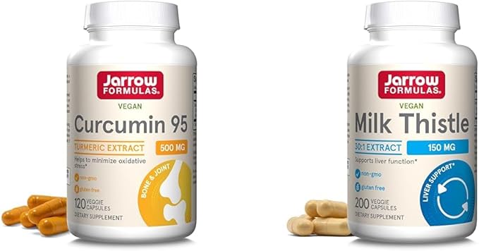 Jarrow Formulas Curcumin 95 500mg - Up to 120 Servings (Veggie Caps) &amp Milk Thistle 150 mg with 30:1 Standardized Silymarin Extract