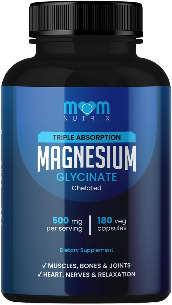 Magnesium Glycinate - 500 mg Chelated Triple Absorption Magnesium - Heart Bones Joints Support - Calm &amp Relax- 180 Capsules
