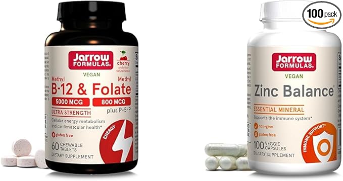 Jarrow Formulas Ultra Strength Methyl B-12 5000 mcg &amp Methyl Folate 800 mcg + P-5-P &amp Zinc Balance 15 mg - 100 Servings (Veggie Caps) - Includes Copper
