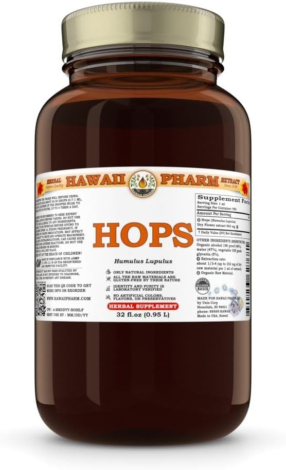 Hawaii Pharm Hops Extract Tincture for Restful Sleep and Calm Supports Digestive Comfort Promotes Relaxation Encourages Kidney Function - 32 fl.oz