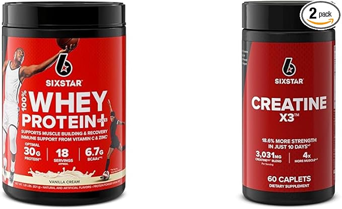 Six Star Elite 100% Whey Protein Plus Vanilla Cream 1.8lbs &amp Creatine Pills X3 Creatine Capsules Muscle Builder for Men Women