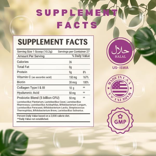 Greenfield Nutritions Halal Collagen Peptides Powder - 9g Halal Protein Probiotic Biotin Hyaluronic Acid &amp Vitamin C - 270g Halal Collagen for Women &amp Men - Supports Hair Skin Nails Joint