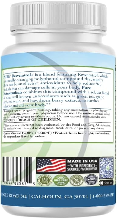 PURE® Resveratrol+ 605mg Trans-Resveratrol - 60 Capsules Anti-Aging &amp Longevity Supplement - 725mg Polyphenol Complex with Green Tea Grape Seed &amp Red Wine Extract - Heart Health &amp Antioxi