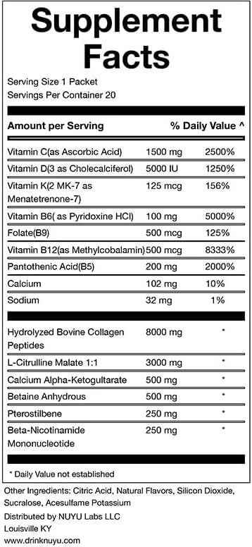 NUYU Labs Daily NMN Longevity Drink All-in-One Anti-Aging Supplement with Pterostilbene TMG Calcium AKG Collagen Peptides B Complex Vitamins B C D3 K2-MK7 (Lemon-Lime)