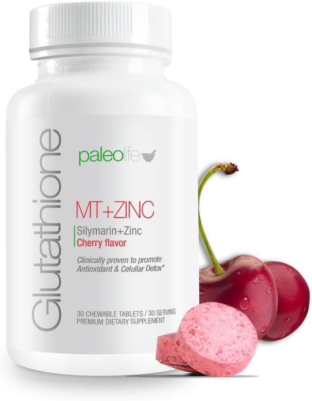 PaleoLife Premium Glutathione + Milk Thistle + Zinc - 30 Chewable Tablets Cherry Flavor (1-Pack)