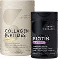 Sports Research® Hair Essentials Pack - Vanilla Collagen Powder Protein Supplement (40 Servings) and Biotin (Vitamin B7) 10000mcg with Organic Coconut Oil (120 Softgels)