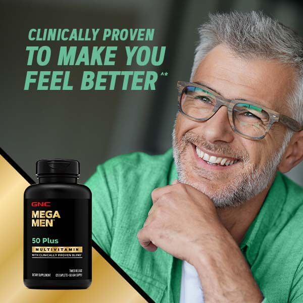 GNC Mega Men 50 Plus Multivitamin Caplets Clinically Proven Heart &amp Prostate Health B Vitamins Saw Palmetto Memory Vitamin D-3 60 Count
