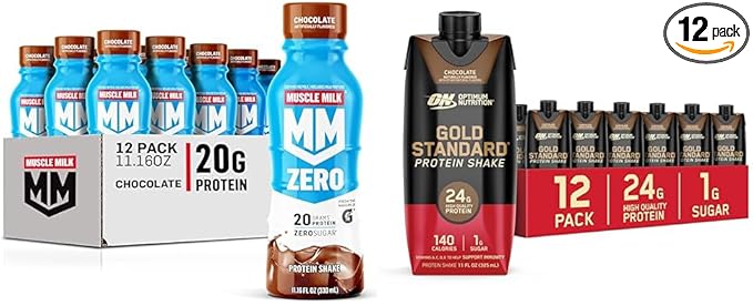 Muscle Milk Zero Protein Shake Chocolate 20g Protein 12 Pack + Optimum Nutrition Gold Standard Protein Shake Chocolate 24g Protein 12 Count